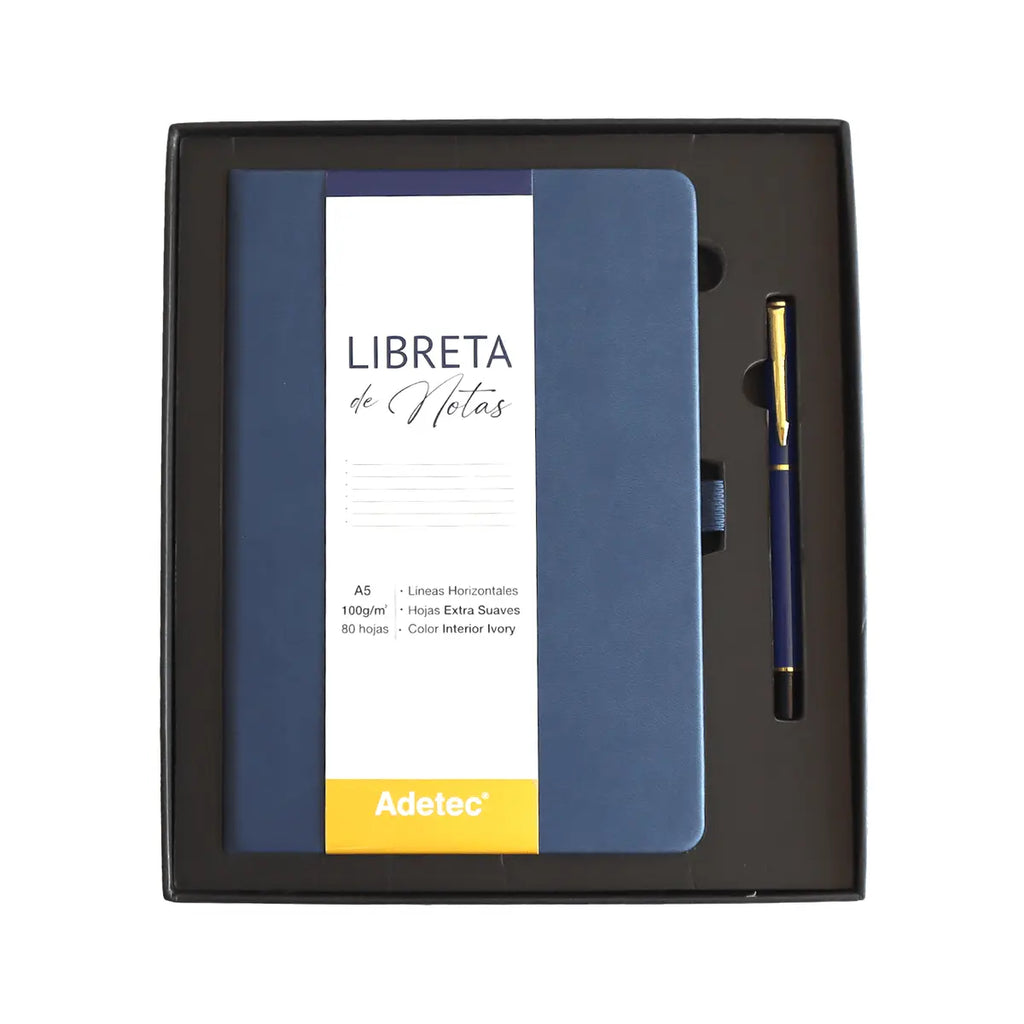 Caja Regalo Libreta + Boligrafo Adetec Azul