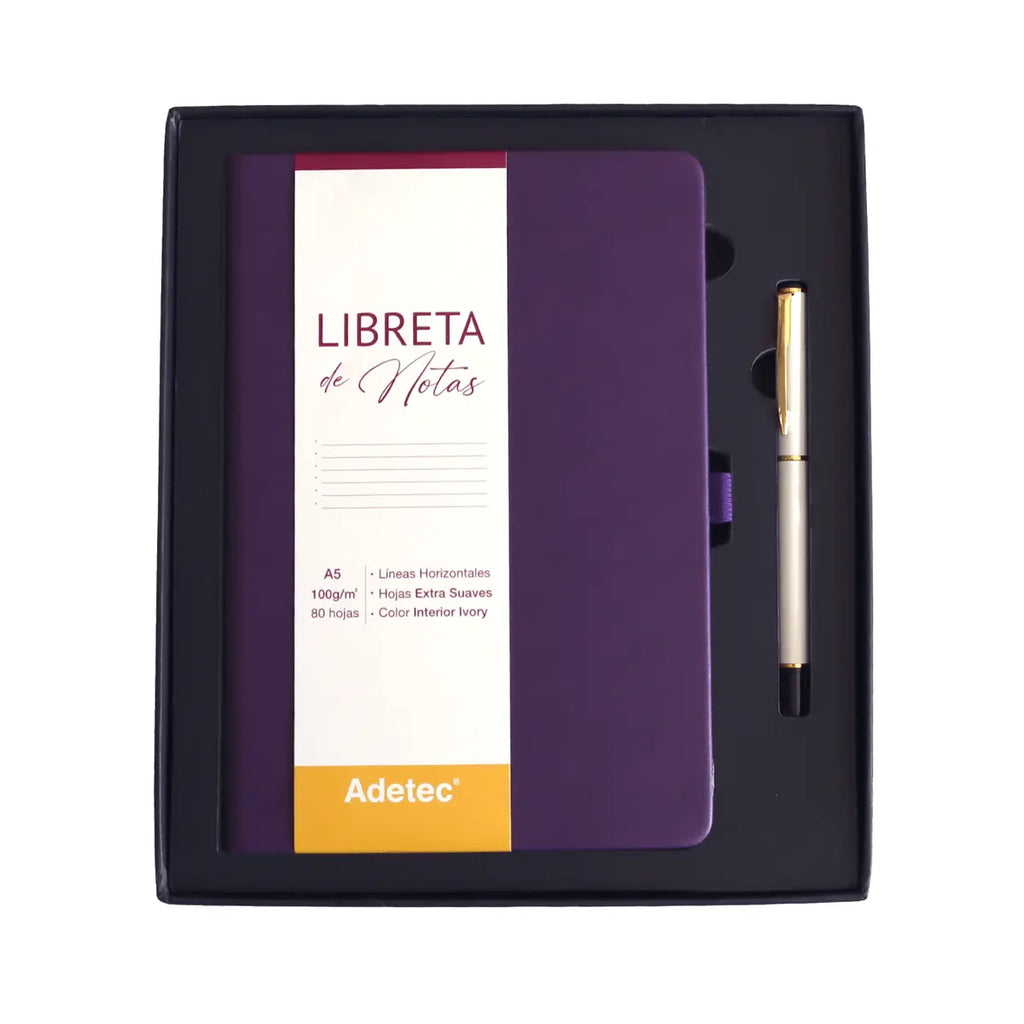 Caja Regalo Libreta + Boligrafo Adetec Morada