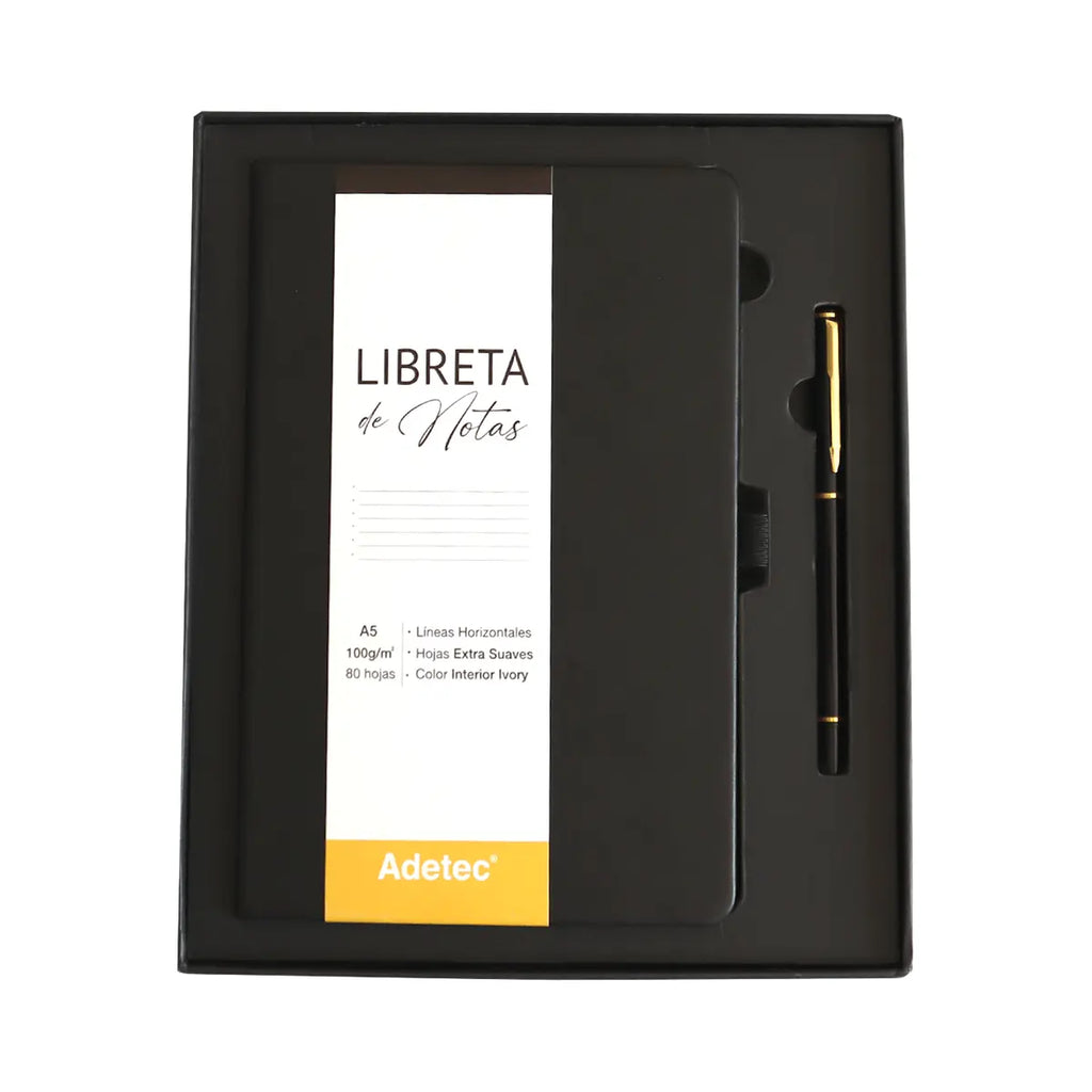 Caja Regalo Libreta + Boligrafo Adetec Negro
